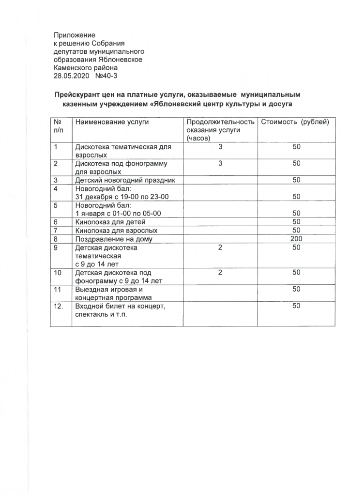 Решение от 28.05.2021 № 40-3 Об утверждении прескуранта цен на платные услуги, оказываемые муниципальным казенным учреждением "Яблоневский центр культуры и досуга"